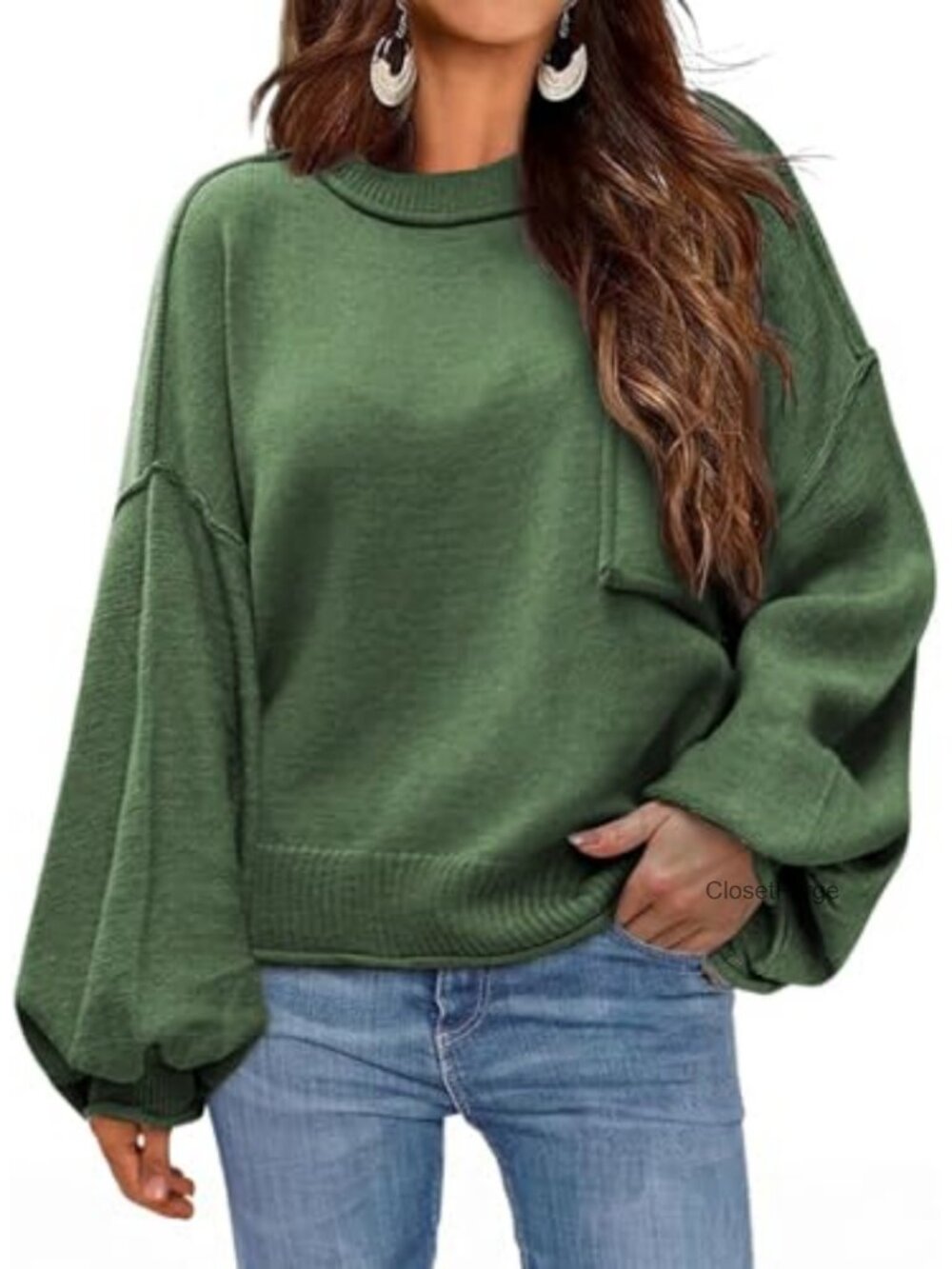 Women's Ribbed Pullover Sweater Lantern Sleeves Drop Shoulder Crew Neck